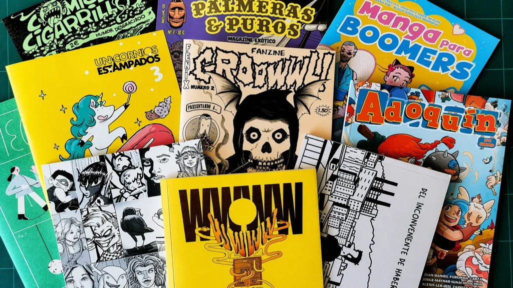Selección de fanzines contemporáneos con diseño gráfico colorido, ilustraciones de cómics y tipografía experimental en formatos autogestionados.