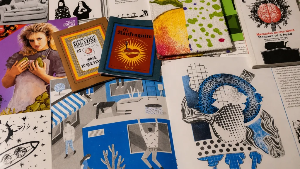 Variedad de publicaciones independientes y fanzines de arte que muestran diferentes técnicas de impresión, desde risografía hasta narrativa visual experimental.