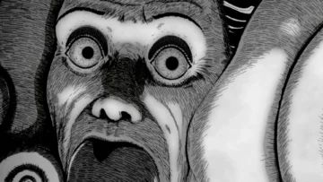 Primer plano cinemático de la maldición de la espiral en el anime Uzumaki, ilustrando la deformación biológica y el horror corporal de Junji Ito.