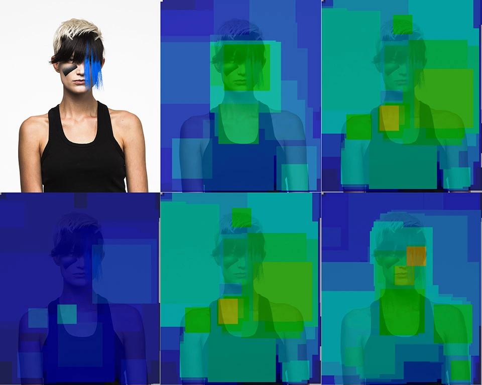 Ejemplo de la técnica CV Dazzle con mapas de calor y cuadrículas azules de visión artificial analizando un rostro con maquillaje anti-reconocimiento facial.