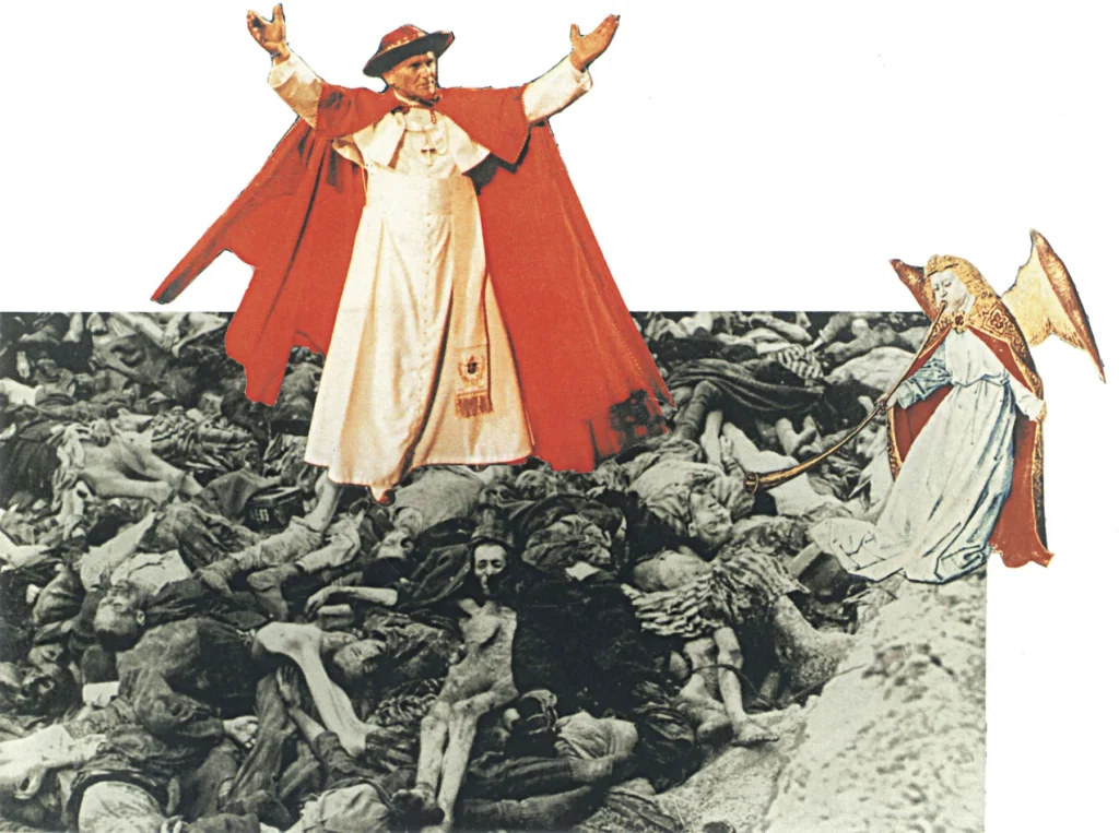 Collage de León Ferrari que muestra al Papa Juan Pablo II sobre una montaña de cadáveres, simbolizando la crítica a la indiferencia religiosa.