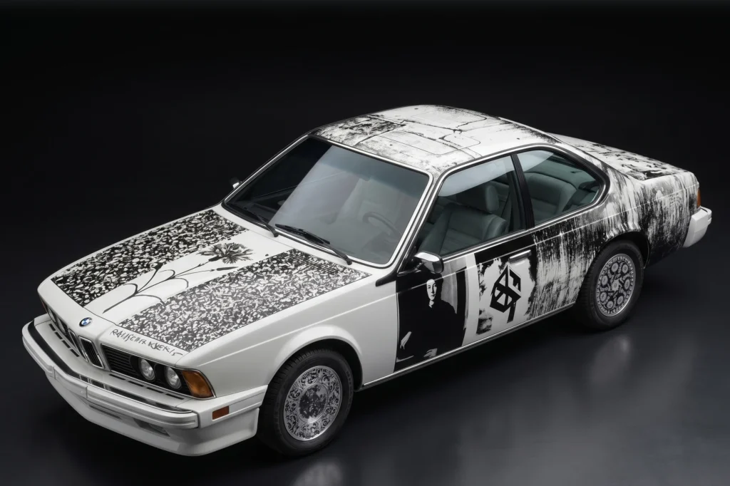 Vista de tres cuartos del BMW 635 CSi Art Car de 1986, diseñado por Robert Rauschenberg mediante técnicas fotográficas transferidas a la carrocería, destacando elementos de obras de arte clásicas y naturaleza sobre fondo blanco.