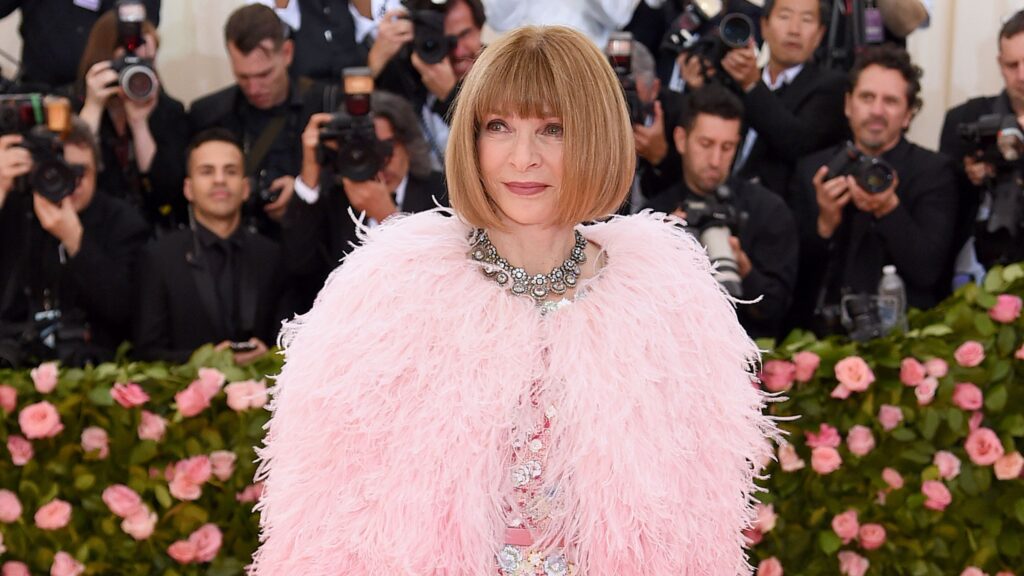 Anna Wintour con abrigo de plumas rosa y collar de cristales rodeada de fotógrafos en la alfombra roja de la Met Gala.