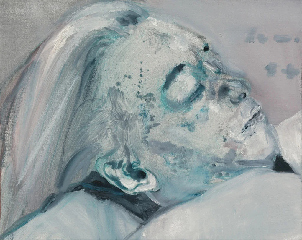 Pintura de Marlene Dumas con texturas líquidas y tonos fríos, explorando la vulnerabilidad biológica y la fragmentación de la imagen mediática en la figuración contemporánea.