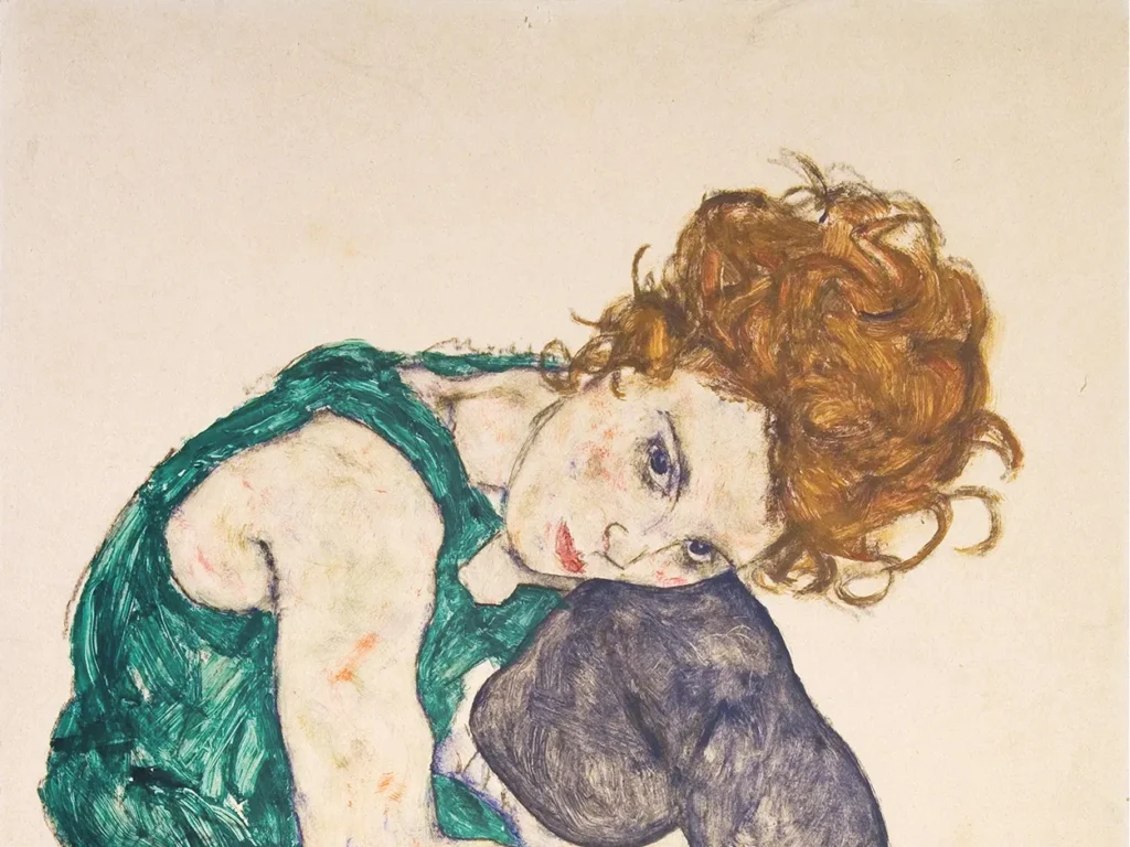 Retrato expresionista de Egon Schiele con pinceladas vibrantes en verde y naranja, mostrando una figura humana con mirada melancólica y hombros contorsionados, ejemplificando la ingeniería del nervio.