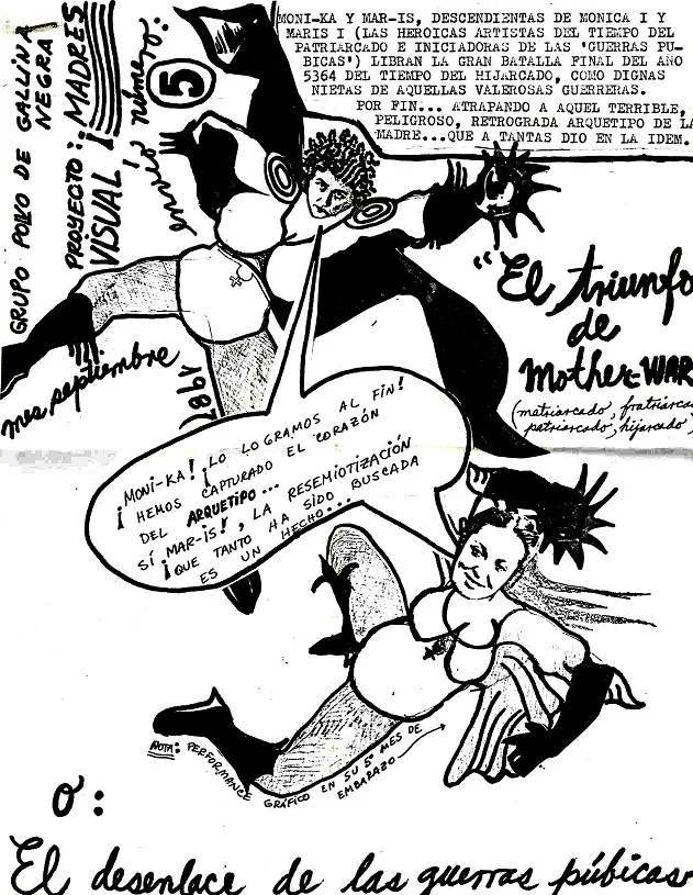 Gráfico original del proyecto ¡MADRES! de Polvo de Gallina Negra (1987), ilustrando la lucha contra los arquetipos de la maternidad y las 'guerras púbicas'.
