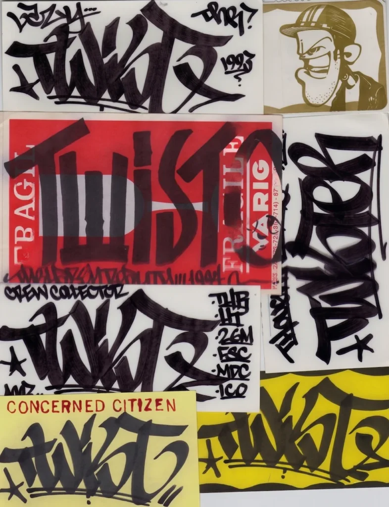Recopilación de stickers y tags originales de Barry McGee, alias Twist, mostrando su estilo de graffiti y rotulismo en la década de los 90.