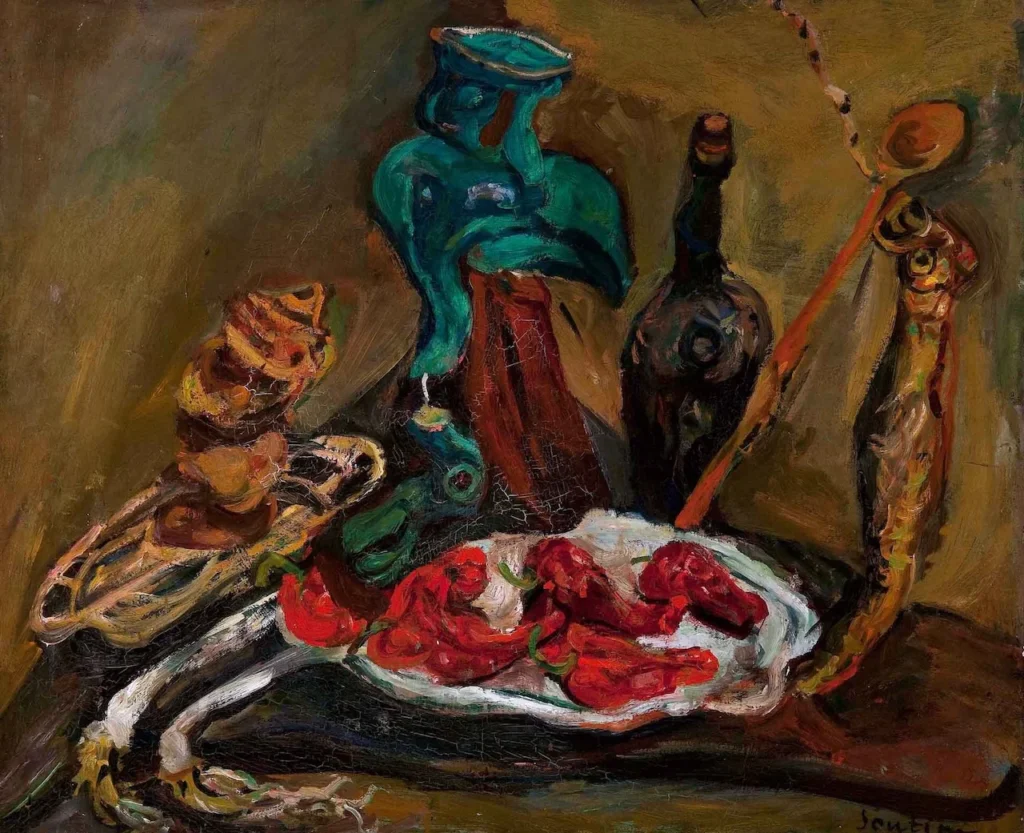 Composición expresionista de Chaim Soutine con arenques y pimientos, destacando la técnica de empaste rugoso y la representación de la materia orgánica.