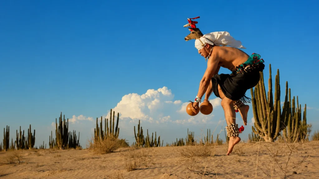 Danzante yaqui ejecuta el salto de la Danza del Venado portando una cabeza de ciervo en un paisaje de desierto con cactus.