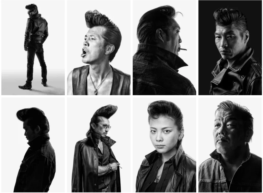 Perfil de un miembro de la tribu urbana Roller-zoku mostrando el peinado estilo Regent y chaqueta de cuero en Tokio.