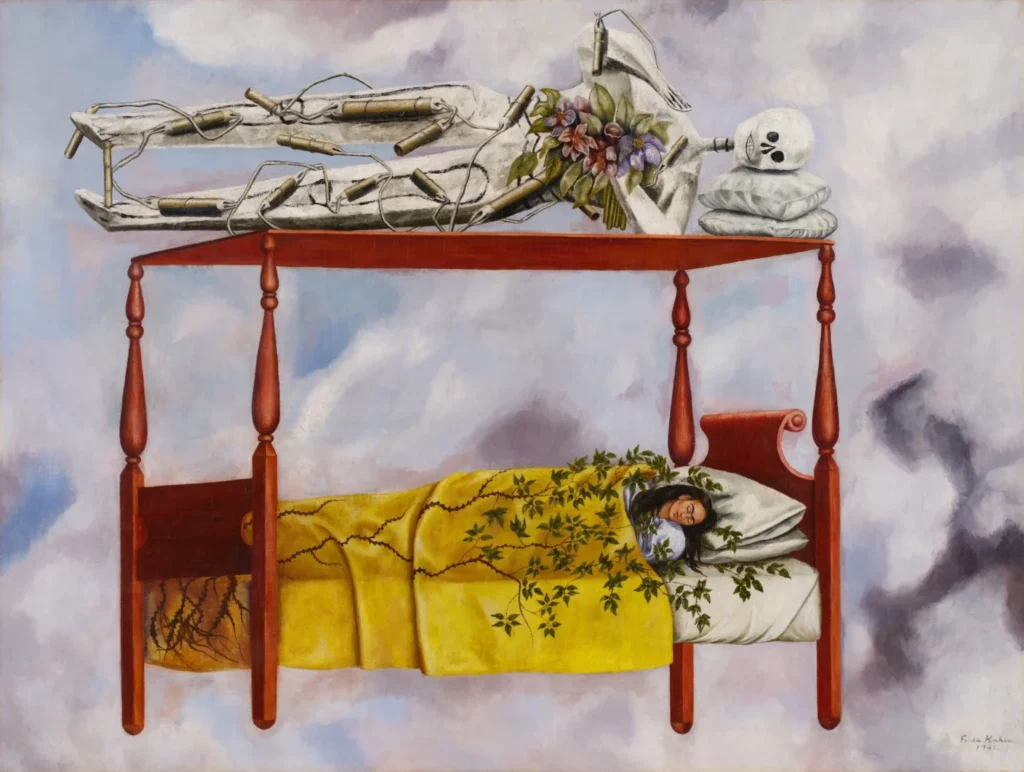 Pintura al óleo de Frida Kahlo titulada El sueño (La cama), que muestra a la artista durmiendo bajo un dosel sobre el cual descansa un esqueleto de papel maché rodeado de dinamita, flotando en un cielo nublado.