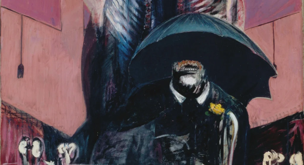 Pintura al óleo y pastel de Francis Bacon titulada Painting (1946), que muestra a un hombre con traje formal bajo un paraguas negro, con la boca abierta mostrando los dientes, situado delante de una gran canal de carne de res abierta en canal sobre un fondo rosa.