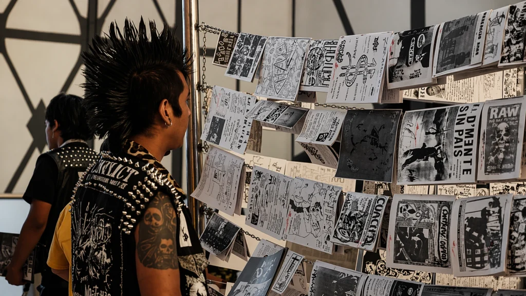Plano medio de un joven con peinado mohawk y chaleco de mezclilla con estoperoles, de espaldas, observando una exhibición de fanzines y publicaciones independientes en blanco y negro colgadas en una pared.