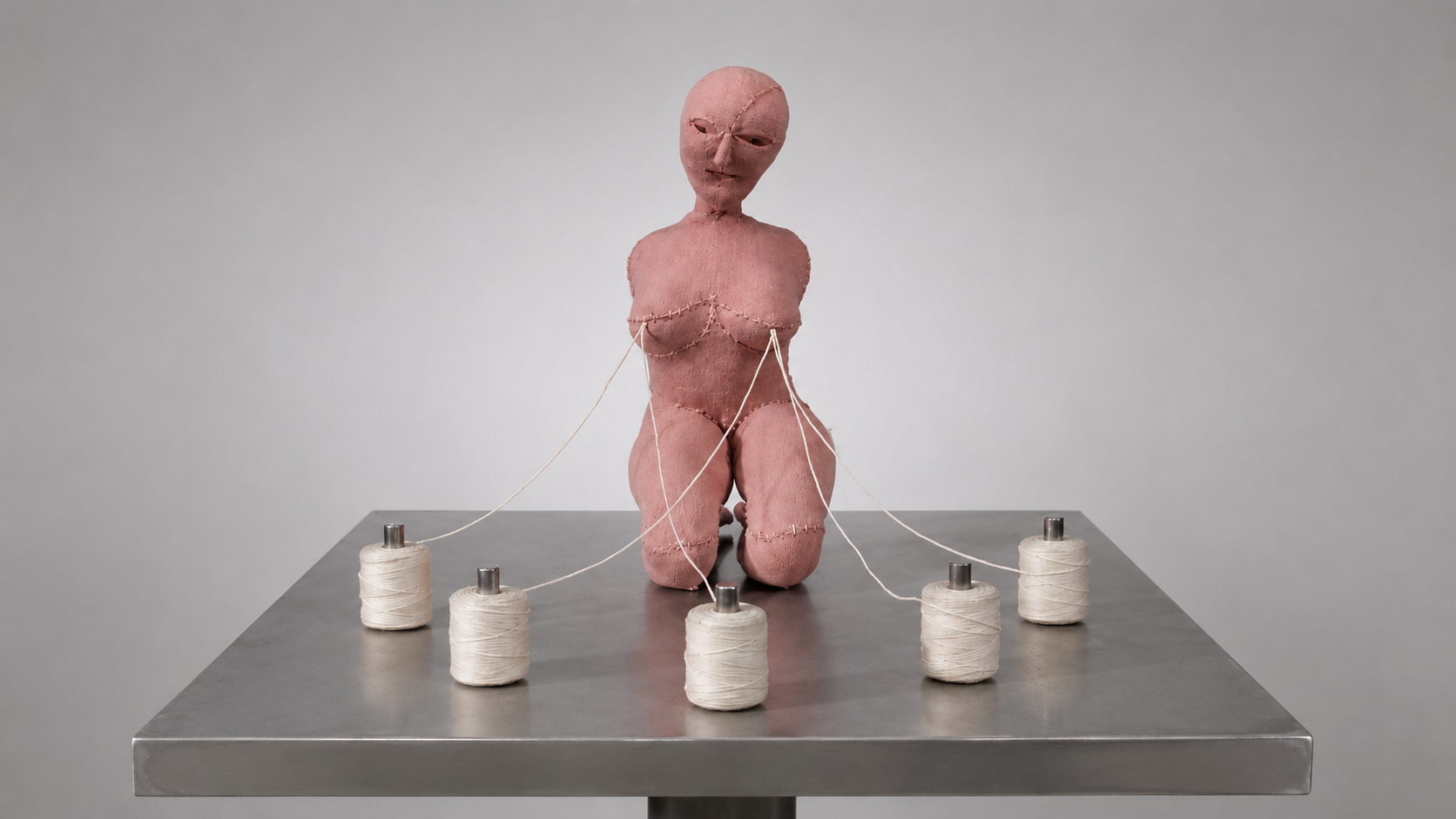 Escultura blanda de tela rosa de Louise Bourgeois titulada The Good Mother, que muestra un torso femenino sin brazos de cuyas mamas se extienden hilos blancos conectados a cinco carretes de hilo sobre una mesa metálica.