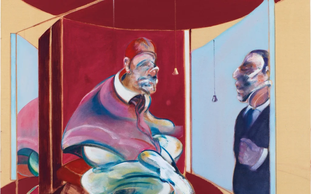 Composición figurativa de Francis Bacon con una figura de autoridad en un trono rojo y distorsión expresionista, representando la fragilidad biológica y la deshumanización sistémica en el contexto de la Tate Britain.