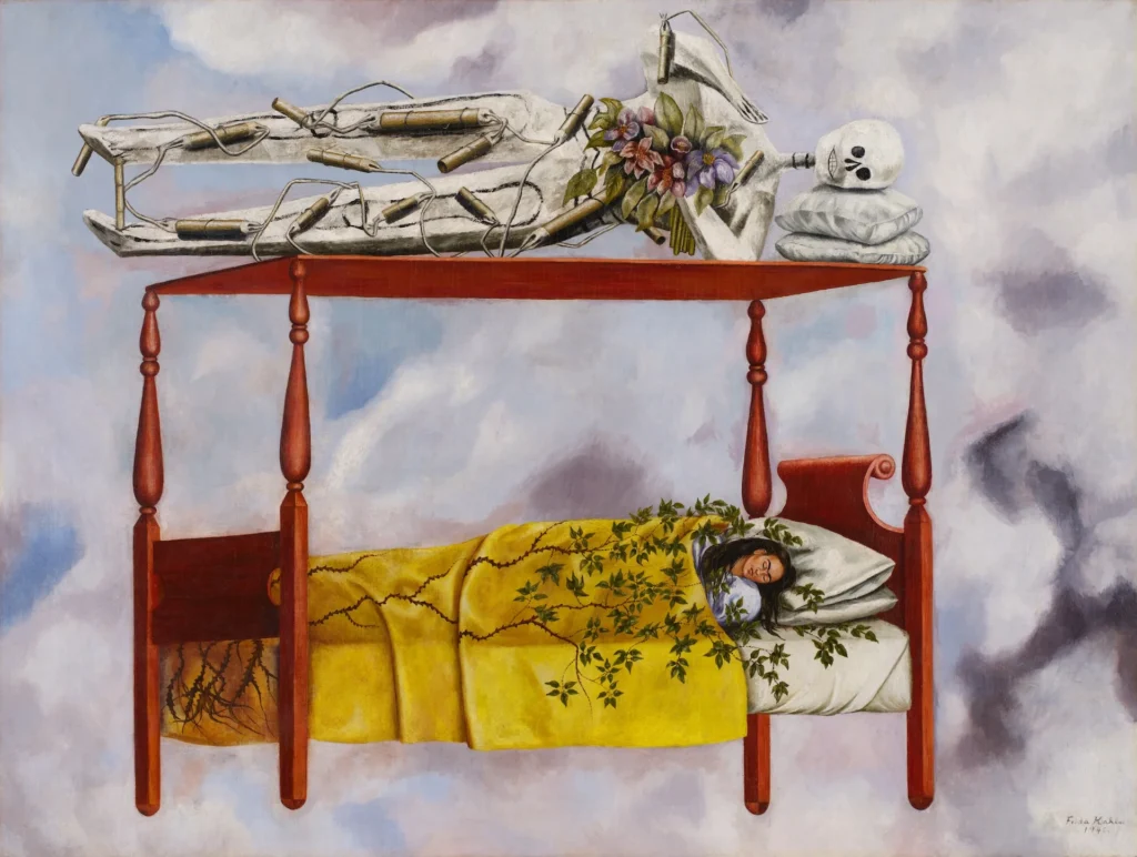 Pintura de Frida Kahlo representando el trauma físico y la metamorfosis técnica del cuerpo a través de elementos simbólicos y arquitectura de supervivencia.
