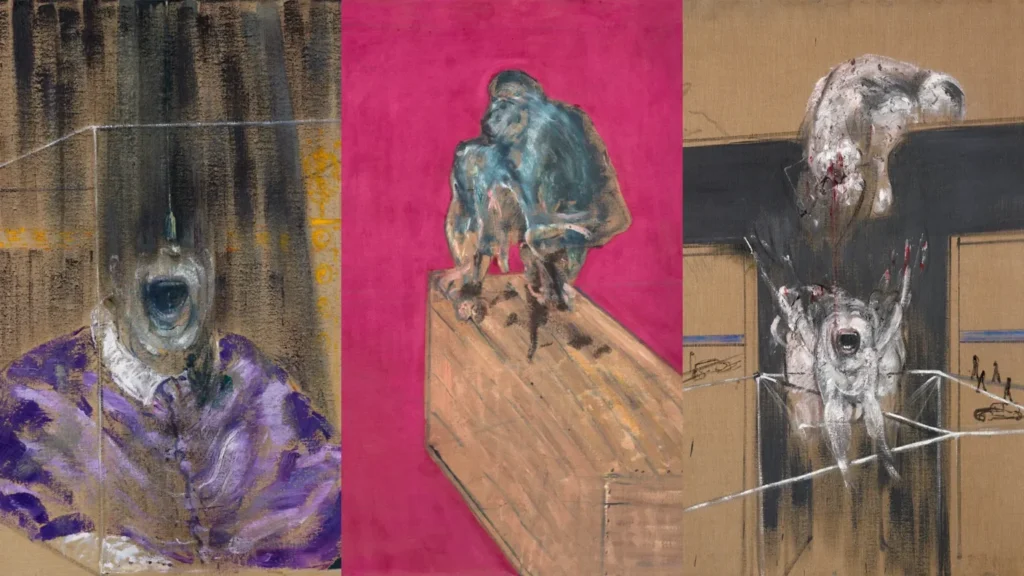 Collage de tres pinturas al óleo de Francis Bacon: el Papa gritando atrapado en una caja transparente (Head VI), un chimpancé azulado sobre una estructura de madera en fondo fucsia y criaturas antropomórficas retorcidas en una crucifixión sobre fondo ocre.