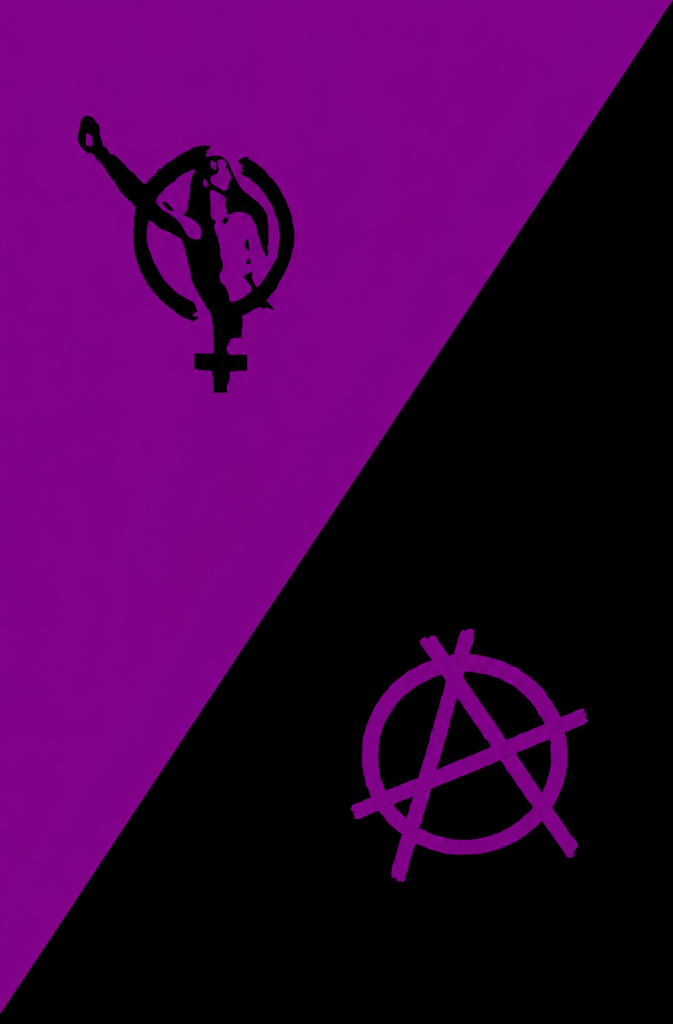 Bandera del anarcofeminismo dividida diagonalmente en color púrpura y negro, con el símbolo de Venus modificado con un puño en alto y el círculo con la letra A de la anarquía en color morado.