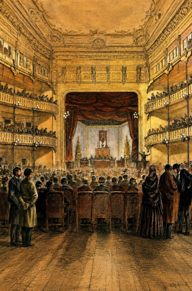 Grabado clásico coloreado del Congreso Obrero de Barcelona de 1870 en el Teatro Circo, evento fundacional de la Federación Regional Española de la Primera Internacional (FRE-AIT) y el anarquismo colectivista de influencia bakuninsta.