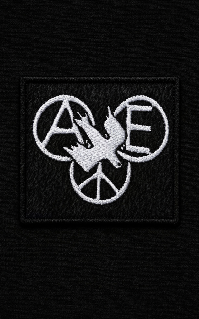 Parche bordado en blanco y negro con la paloma de la paz entrelazada con la A de anarquía, la E de libertad o escuela y el símbolo antinuclear de la Campaña para el Desarme Nuclear (CND), emblema del anarcopacifismo y el movimiento anarcopunk.