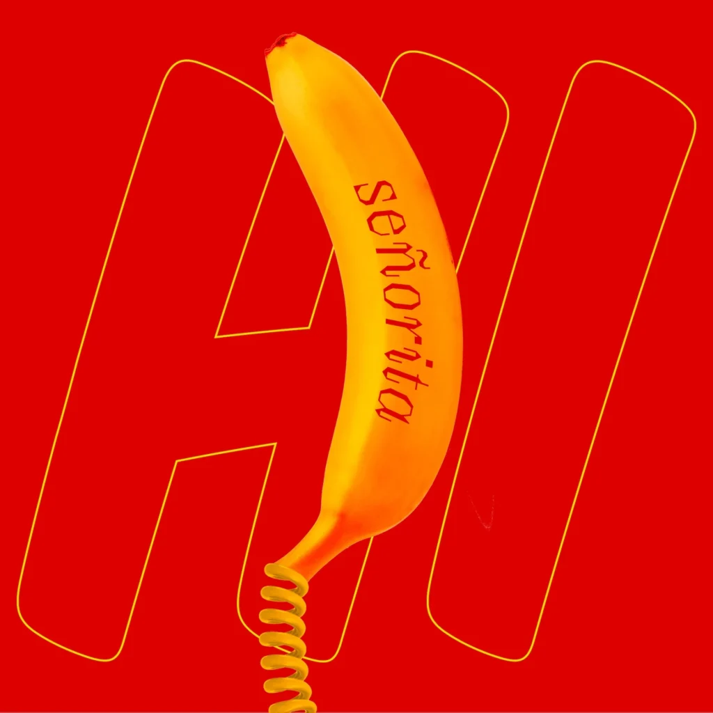 Arte oficial del sencillo Señorita de los Hermanos Ilabaca, que muestra un plátano como auricular de teléfono sobre un fondo rojo.