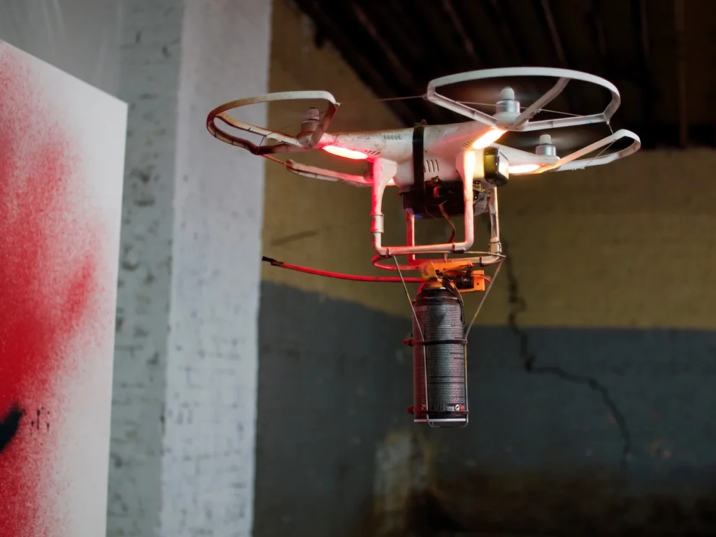 Dron equipado con sistema de pintura automatizada Icarus One de KATSU, utilizando visión por computadora y redes neuronales para la creación de grafiti generativo.