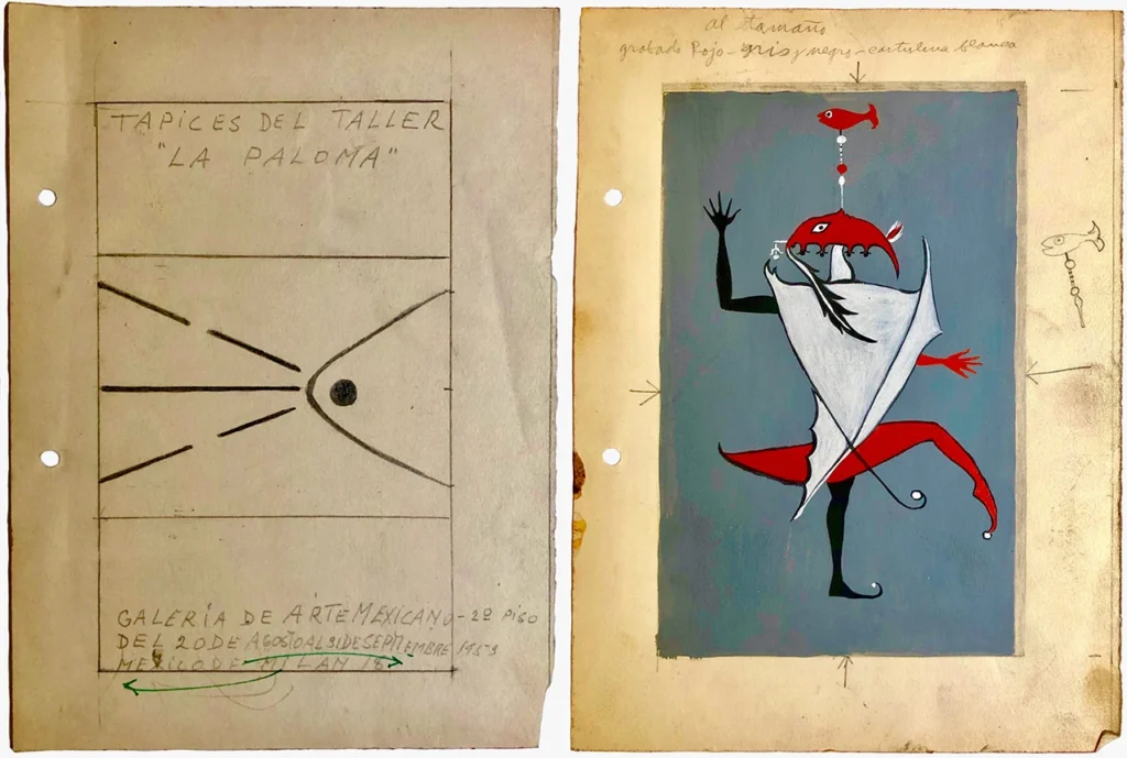 Imagen de dos páginas de archivo que muestran la maqueta escrita a mano y el boceto ilustrado de un folleto de invitación artística para la Galería de Arte Mexicano.