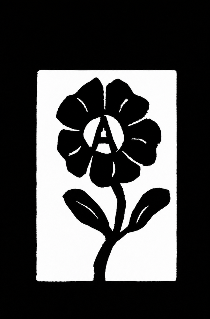 Gráfico en blanco y negro de una flor estilo esténcil con la letra A de anarquía en su centro, símbolo del anarquismo y los movimientos sociales libertarios.