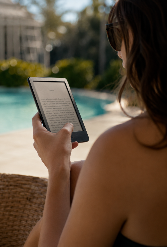 Mujer con lentes de sol leyendo en un lector de libros electrónicos Kindle junto a una alberca.