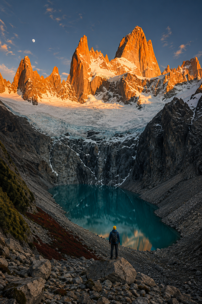 Un senderista con gorro amarillo contempla el amanecer dorado sobre el Monte Fitz Roy y las aguas turquesas de Laguna Sucia en El Chaltén, Patagonia Argentina.