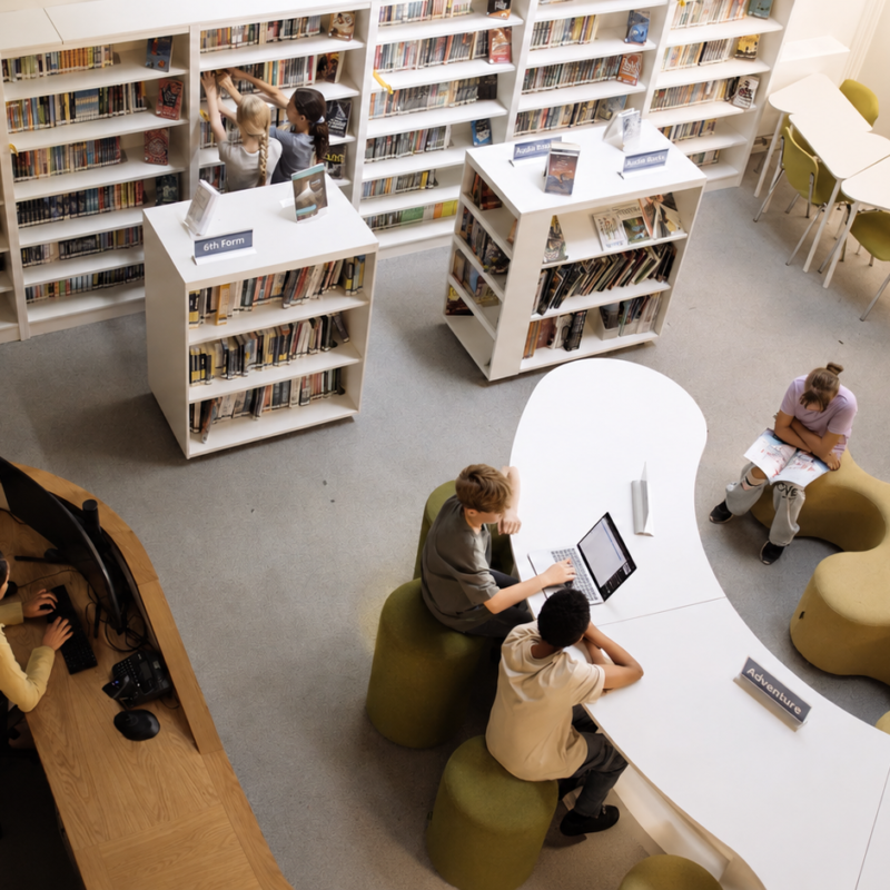Vista aérea de una biblioteca escolar moderna con estudiantes usando laptops y mesas curvas.