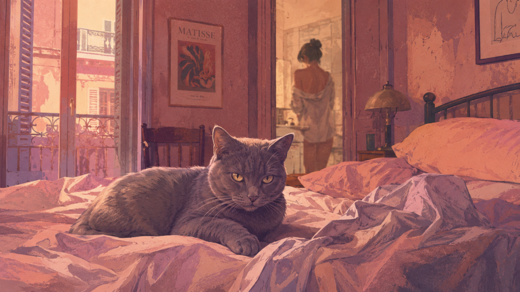 Gato gris acostado en una cama deshecha con una mujer de espaldas al fondo en un dormitorio iluminado por el sol, ideal para ilustrar el cuento el gato.
