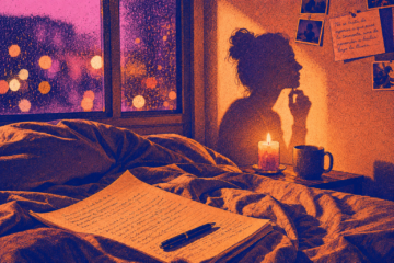 La sunamita, de Inés Arredondo: un cuento completo sobre deseo, culpa y violencia Silueta de una mujer reflejada en la pared junto a una vela encendida, una taza y cartas manuscritas sobre la cama en una noche lluviosa, ideal para cuentos eróticos breves.