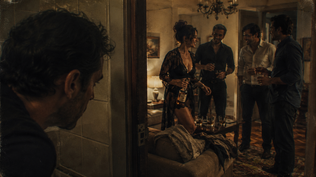 Escena dramática de un hombre observando desde la sombra a una mujer en lencería negra y tres hombres bebiendo en una sala, ideal para cuentos eróticos breves.