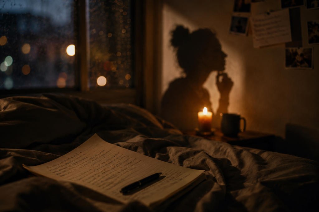 Silueta de mujer pensativa junto a una vela y cartas escritas a mano sobre una cama en una noche lluviosa, perfecto para cuentos eróticos breves.