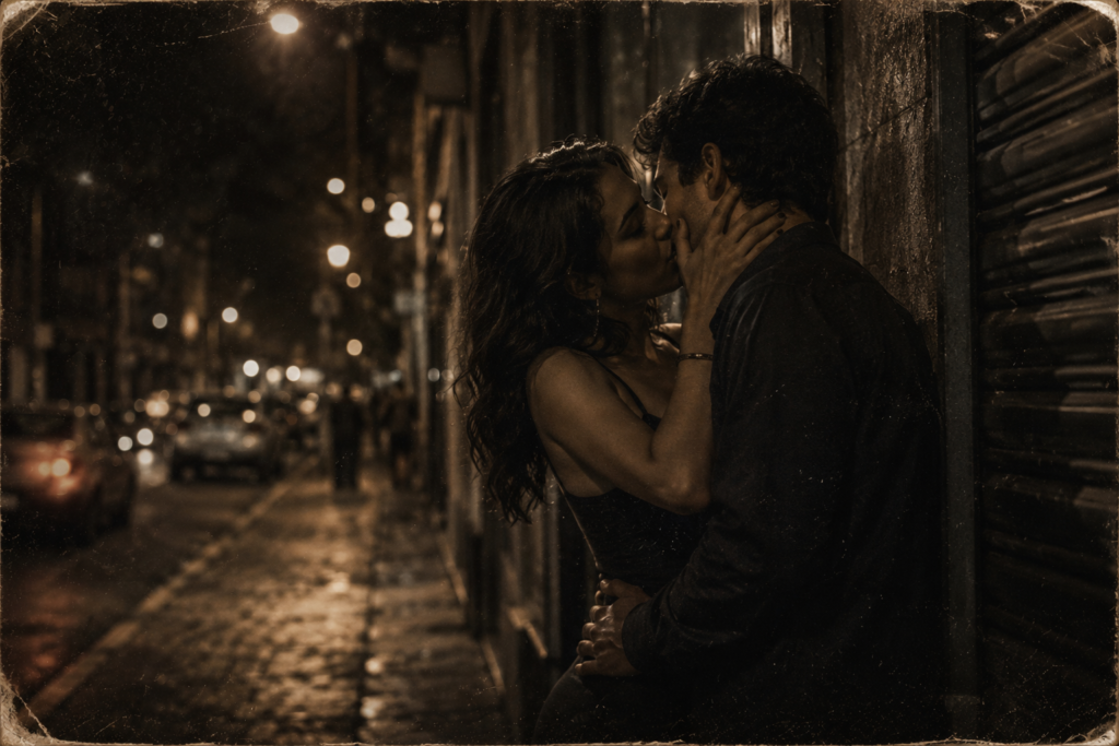 Pareja abrazada besándose apasionadamente contra una pared en una calle urbana de noche, ideal para cuentos eróticos breves de romance nocturno.