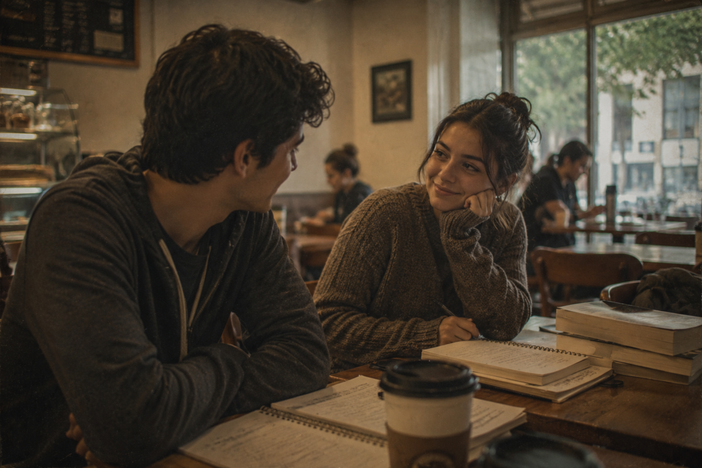 Una pareja de jóvenes mirándose con complicidad y sonriendo en una cafetería mientras estudian con libros abiertos, ideal para cuentos eróticos breves de romance universitario.