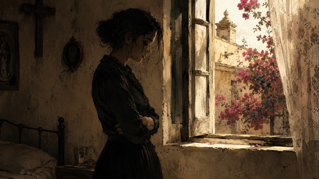 Mujer joven vestida de negro asomada a la ventana en una habitación rústica con un crucifijo y bugambilias al fondo, ideal para cuentos eróticos breves de época.