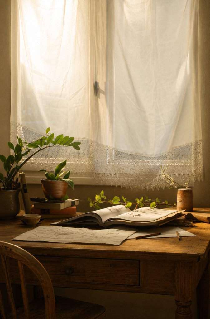 Escritorio de madera rústico junto a una ventana con cortinas blancas, decorado con plantas de interior, libros abiertos y bocetos bajo la luz cálida del sol.