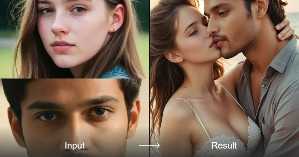 Comparativa de generación de imágenes con IA que muestra dos fotos de origen de un hombre y una mujer a la izquierda etiquetadas como Input, y el resultado sintético a la derecha etiquetado como Result donde la pareja se besa de forma realista.