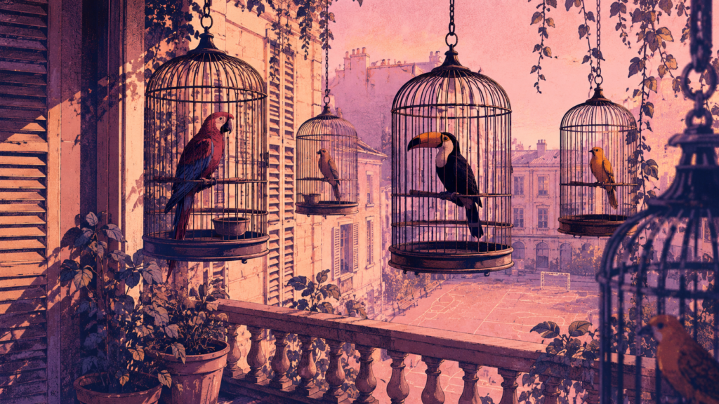 Balcón de estilo clásico con jaulas colgadas que contienen un guacamayo, un tucán y pájaros amarillos, con una calle de París al fondo en tonos rosados.