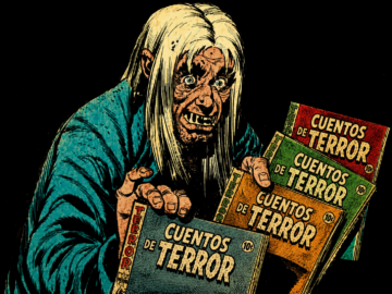Ilustración de estilo cómic retro que muestra al anfitrión de "Cuentos de Terror" (The Old Witch / La Vieja Bruja) sosteniendo varios cómics antiguos con portadas que dicen "Cuentos de Terror" y el sello de EC Comics.