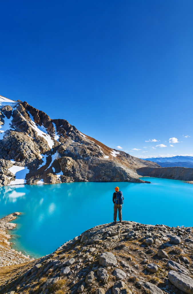 Montañista con mochila y gorro naranja observa un lago glacial azul turquesa brillante rodeado de picos nevados en la Patagonia.