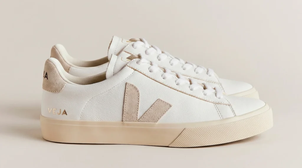 Par de tenis casuales de cuero blanco con suela de goma en tono beige claro, un logotipo lateral en forma de V y detalles en gamuza suave en el talón, fotografiados de perfil sobre un fondo neutro.