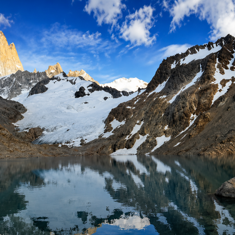 Senderista con mochila azul sobre una roca contemplando el reflejo del Monte Fitz Roy en la Laguna de los Tres, Parque Nacional Los Glaciares, Patagonia Argentina.