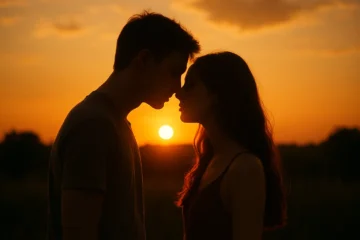 El auge de la intimidad generada por inteligencia artificial: cuando el arte, la emoción y la creación audiovisual se encuentran Silueta en primer plano de una pareja joven a punto de besarse frente a un atardecer naranja con el sol de fondo en un campo, ilustración de amor generada por IA.