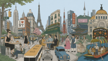 Ilustración detallada de un paisaje urbano que mezcla monumentos icónicos globales como el Empire State, la Torre Eiffel, la Torre de Tokio y el Palacio de Bellas Artes, con una trajinera de Xochimilco y personas vistiendo trajes tradicionales y ropa clásica de época.