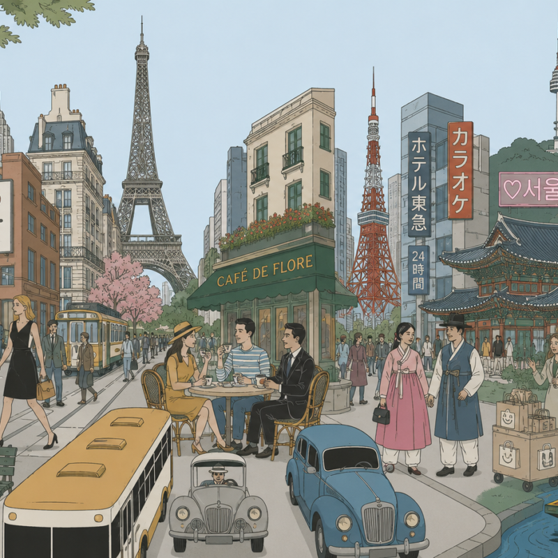 Ilustración detallada de un paisaje urbano que mezcla monumentos icónicos globales como el Empire State, la Torre Eiffel, la Torre de Tokio y el Palacio de Bellas Artes, con una trajinera de Xochimilco y personas vistiendo trajes tradicionales y ropa clásica de época.