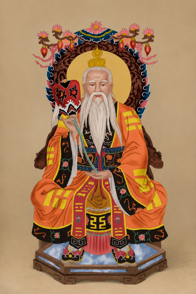 Representación artística tradicional de Lao Tzu (Laozi) sentado en un trono con vestiduras sagradas naranjas y símbolos del Tao, figura central que inspiró a Rick Rubin para su libro The Way of Code.