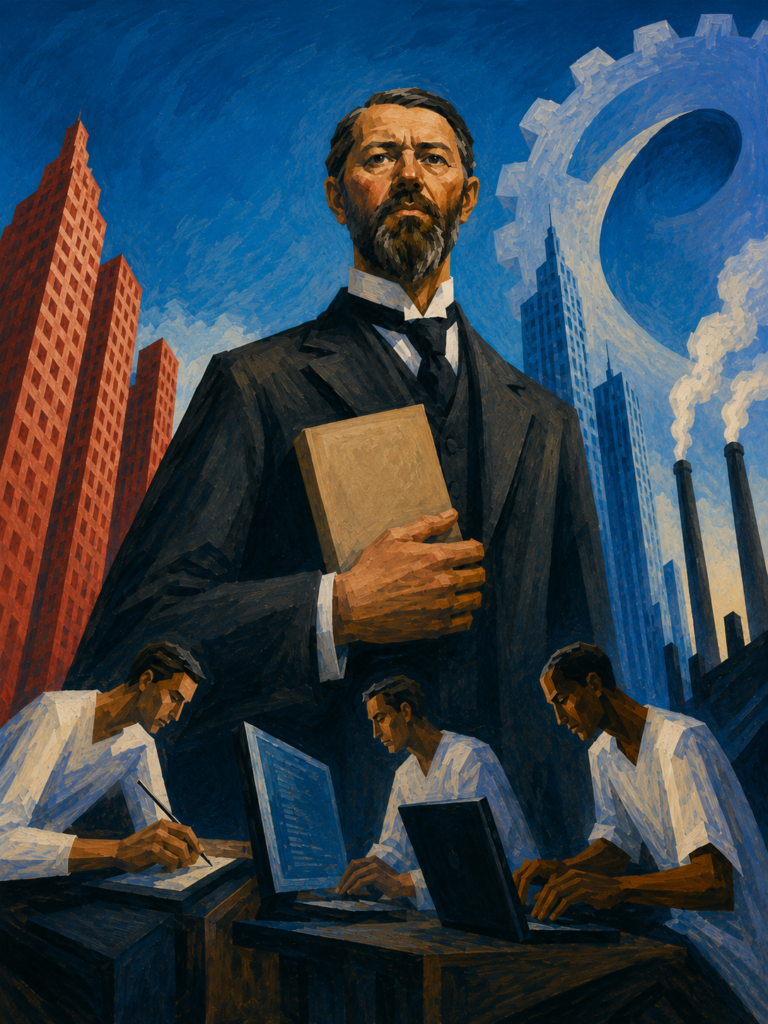  Ilustración de estilo realista que muestra al sociólogo Max Weber sosteniendo un libro ante un paisaje industrial, sobre una fila de desarrolladores de software programando código en computadoras.